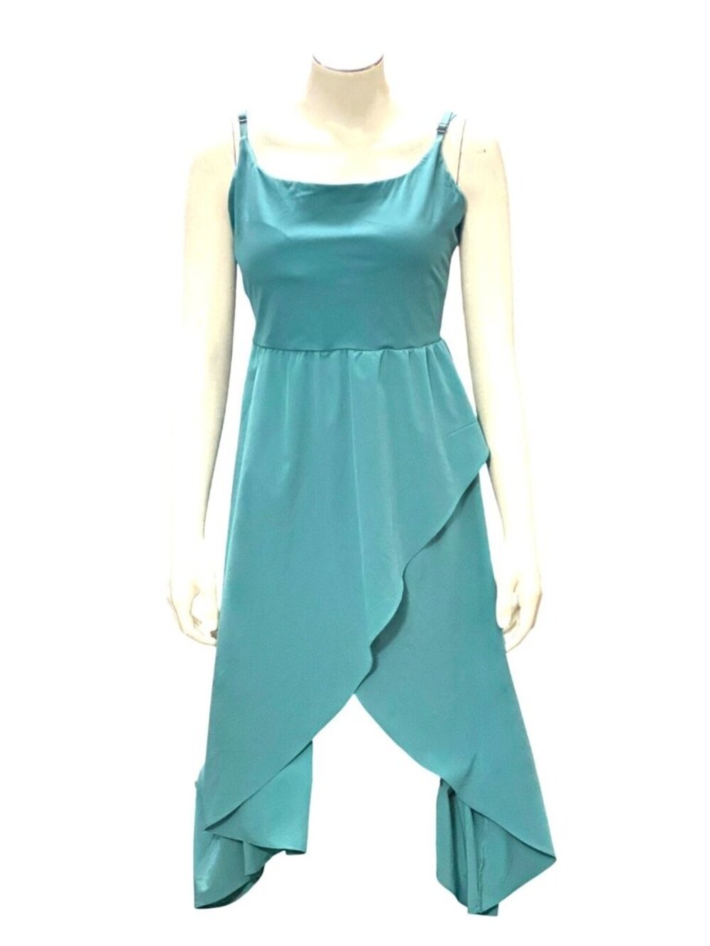 Teal High Low Maxi Dress Adjustable Straps Fit Modern Asymmetrical Layered Style